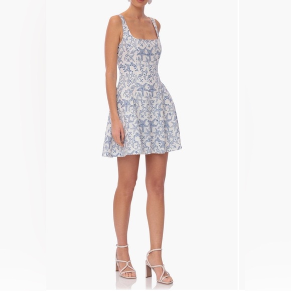 Avec Les Filles Blue White Print Fit & Flare Dress Square Neck Size 14 NWT - Picture 5 of 9